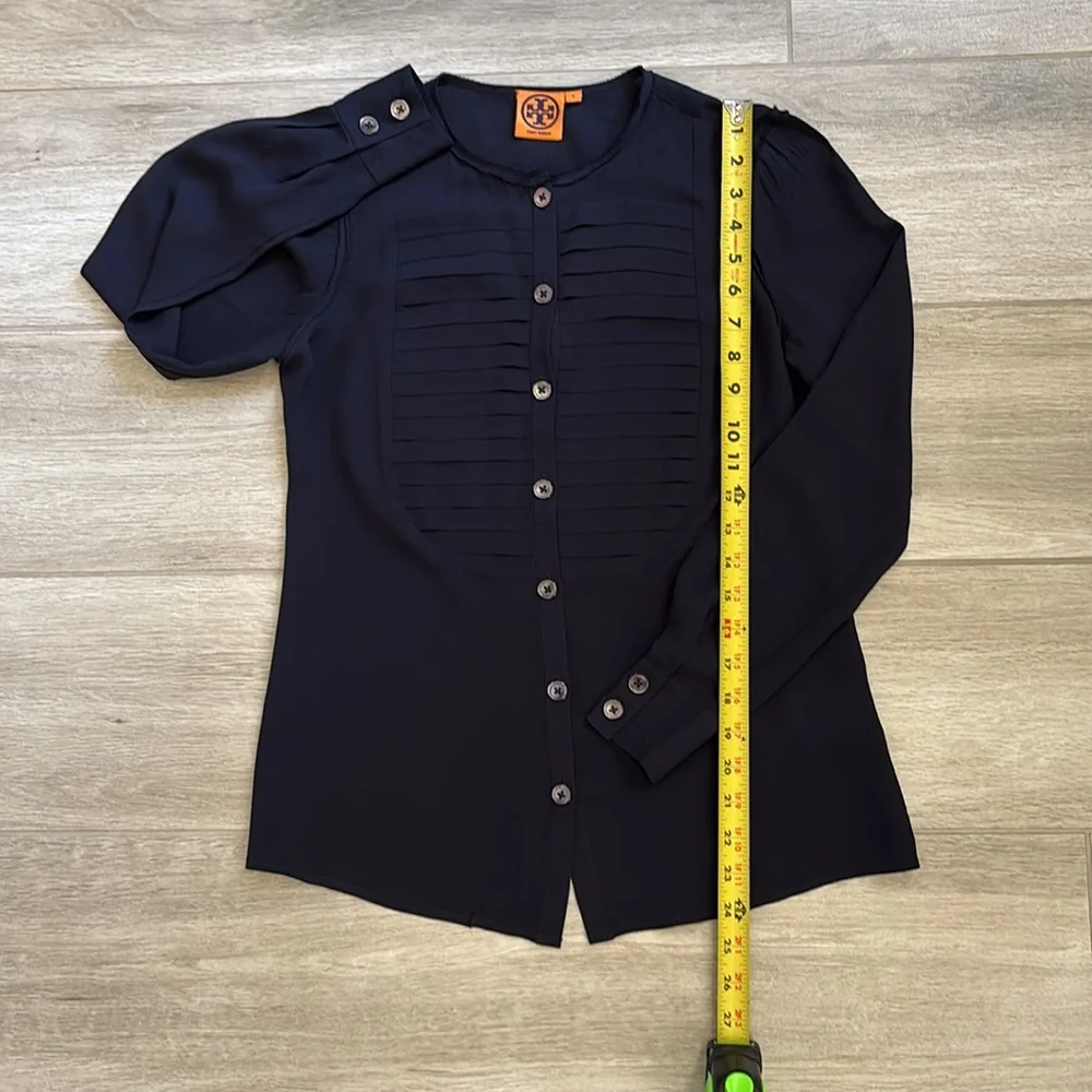 Tory Burch 100% Silk Dark Blue Button Up Blouse Shirt Top